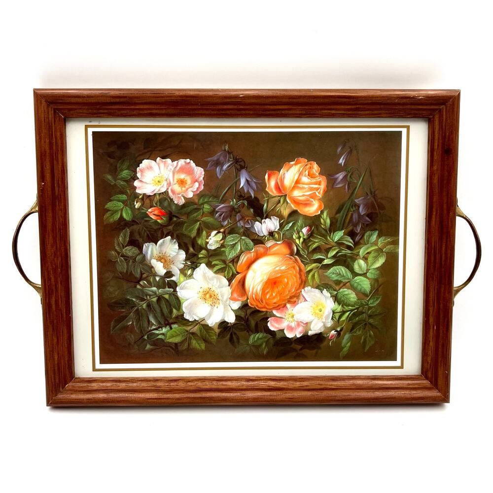 Vintage Pimpernel Floral Array Serving Tray England Wood Brass Handle Wall Decor